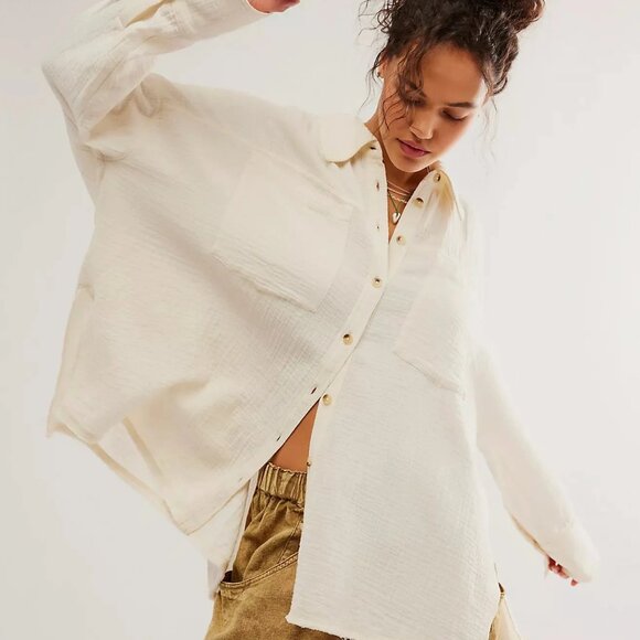 new Free People Cardiff 100% Cottone GAUZY! Button-Down Shirt Tunic 3S2 - Picture 3 of 11